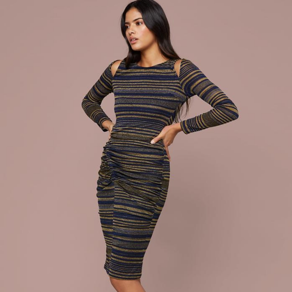 Bebe Metallic Striped Ruched Dress